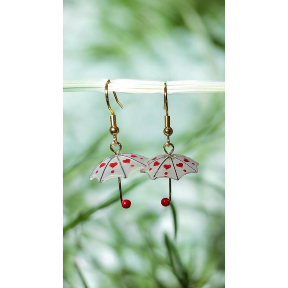 Handmade Jewelry - Umbrella Red and White Heart Dangles Gold Tone Stainless Steel Hooks